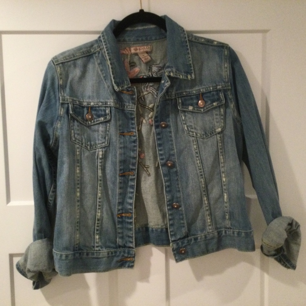 Embroidered Distressed Denim Jacket - Picture 3 of 5